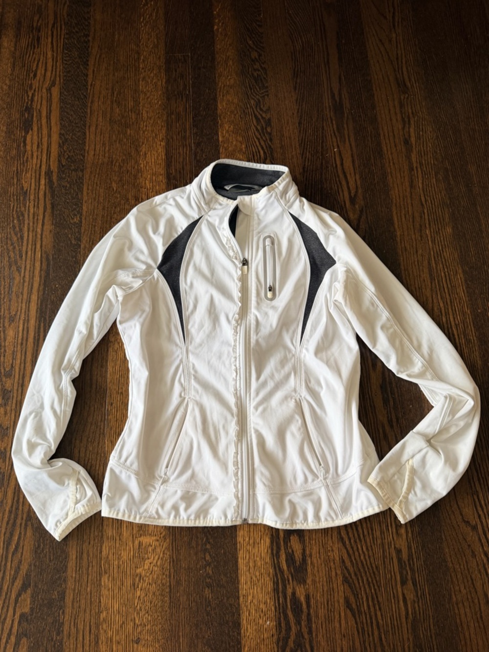 Athleta Prevail ruffle White and Dark Gray Utility Softshell Jacket medium